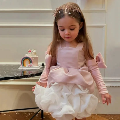 Customized Lovely Pink Flower Girl Dress for Wedding with Bows Ruffles Knee Length Kids Birthday Party First Communion Ball Gown