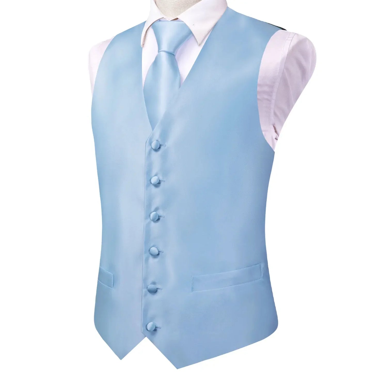 Light Blue Solid Satin Waistcoat 4-In-1 Kit Tie Square Cufflinks For Spring Bridal Shower Outdoor Wedding