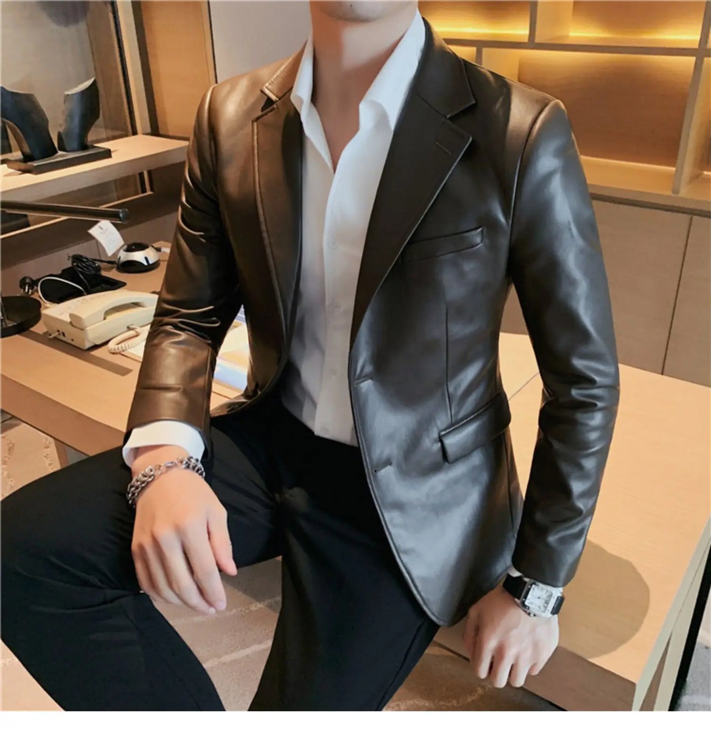 Men's Leather Jacket 2024 Autumn Highend Fashion Solid Slim Fit Business Blazers Coats Korean Casual PU Leather Suit Tuxedo