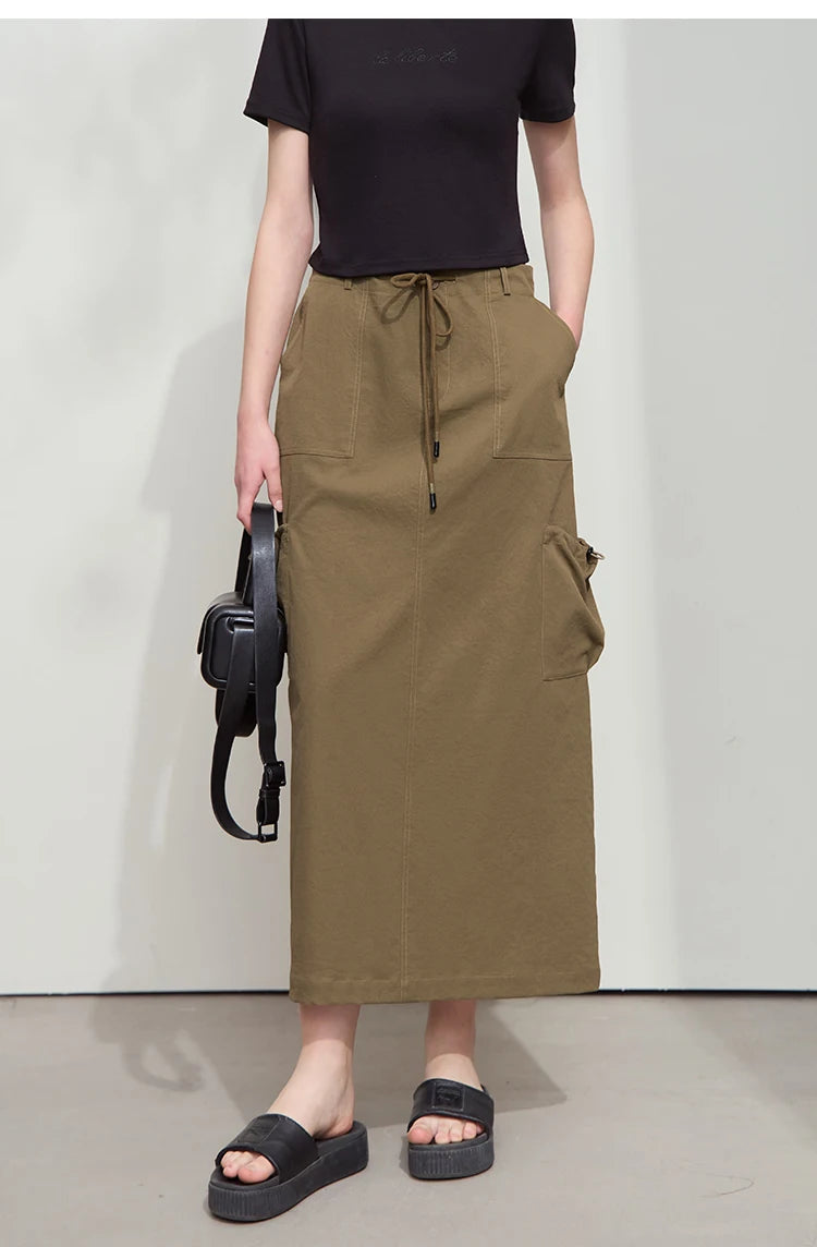 Minimalist Women Clothing Skirt 2025 Autumn New Casual Loose Multi-pocket Drawstring Elastic Waist Long Skirt 12522020