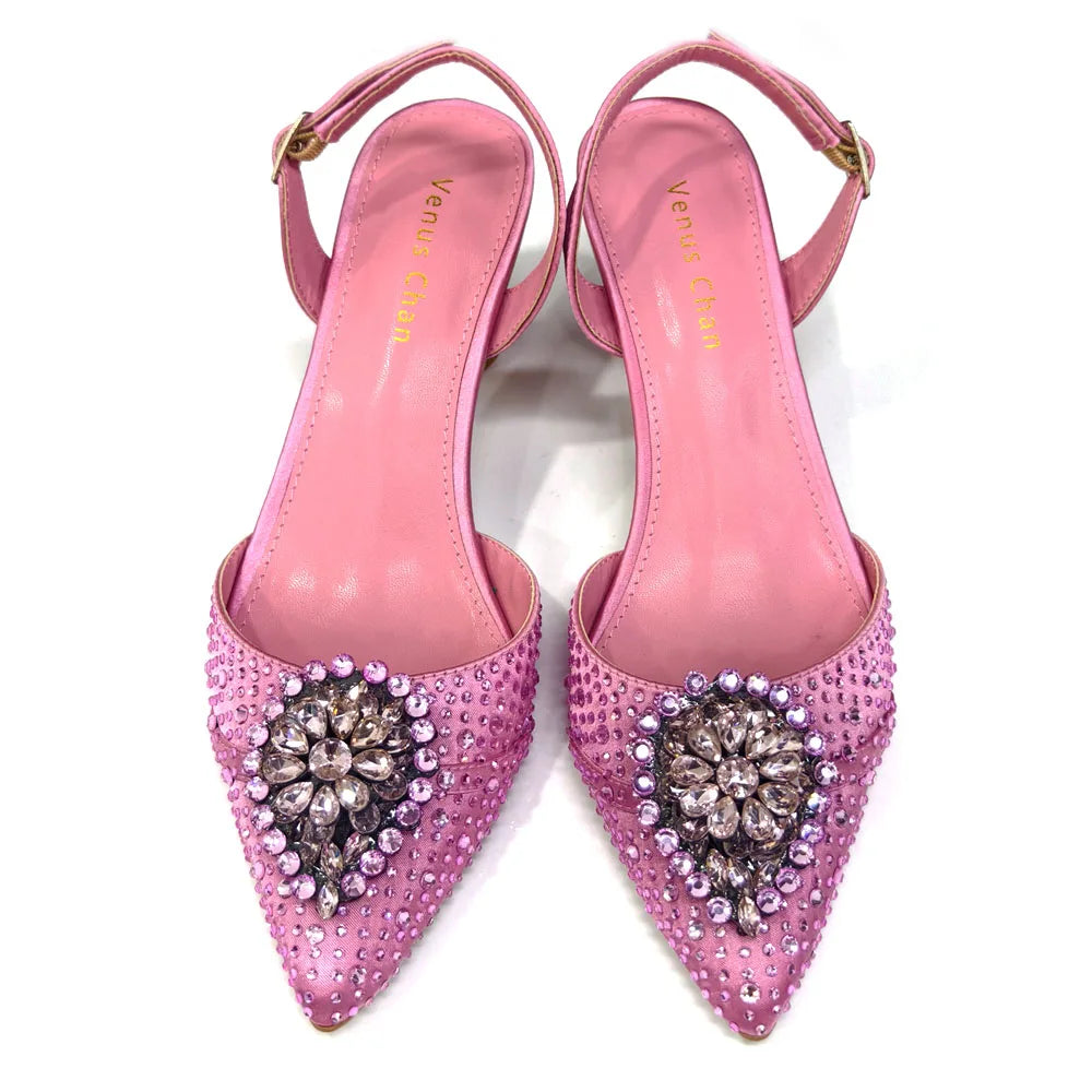 Blue Color Rhinestone Comfortable high heel shoe And Bag Fashion Style Pointed-Toe Shoes For Women Or Commuting Shoes