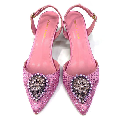 Blue Color Rhinestone Comfortable high heel shoe And Bag Fashion Style Pointed-Toe Shoes For Women Or Commuting Shoes