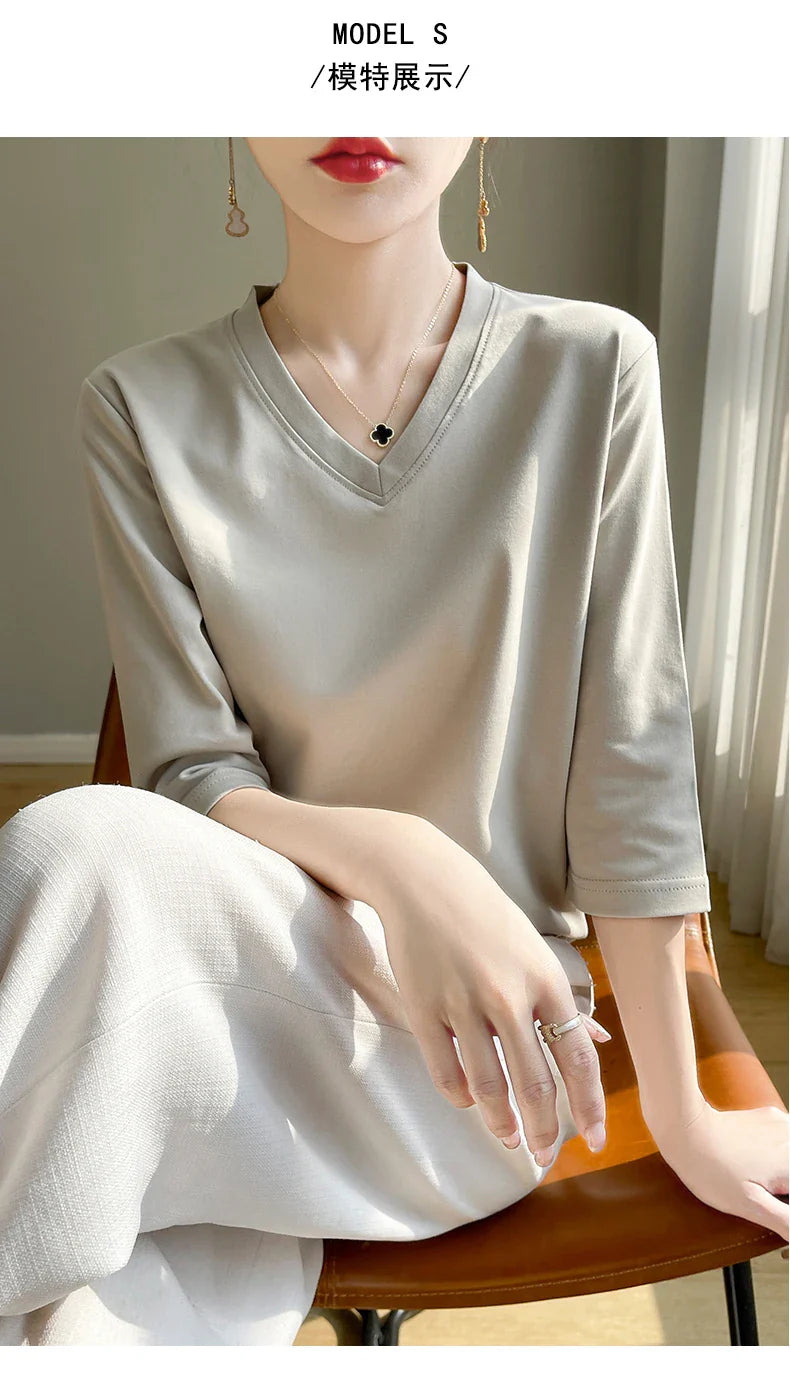 Spring And Summer New Cotton V-neck T-shirt Short-Sleeved Women's Half-Sleeve Bottoming Shirt High-End Cropped Sleeve Top