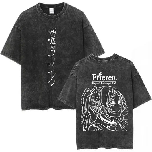 Anime Frieren: Beyond Journey's End Graphic Washed Vintage T-shirt Men's Women Fashion Short Sleeve Cotton Casual Loose T Shirts
