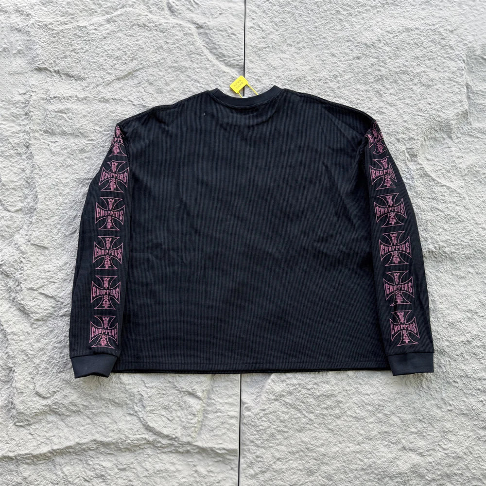 American Style Streetwear Quality Waffle Fabric Printed Tops Oversized Long Sleeves Tee 100%Cotton Vintage T Shirt Men Woman