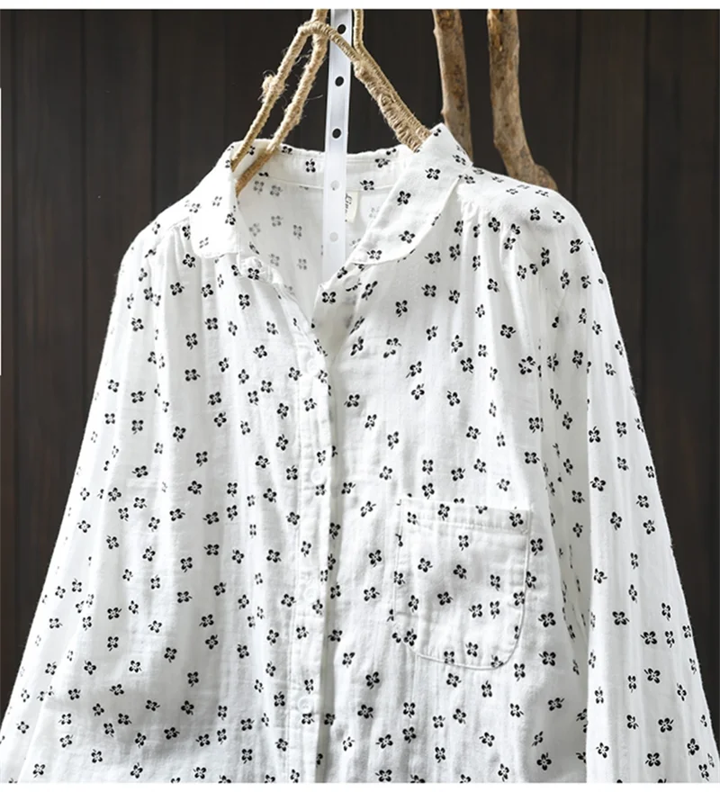 Sweet Snow Dots Print Shirt, Double Layers, Cotton Yarn, Peter Pan Collar, Long Sleeve, Casual Blouse Shirt
