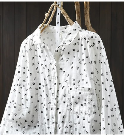 Sweet Snow Dots Print Shirt, Double Layers, Cotton Yarn, Peter Pan Collar, Long Sleeve, Casual Blouse Shirt