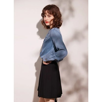2024 Spring and Autumn Small Collar Wave Split Denim Shirt Fashion Rivet Decoration Long Sleeve Women's Shirt