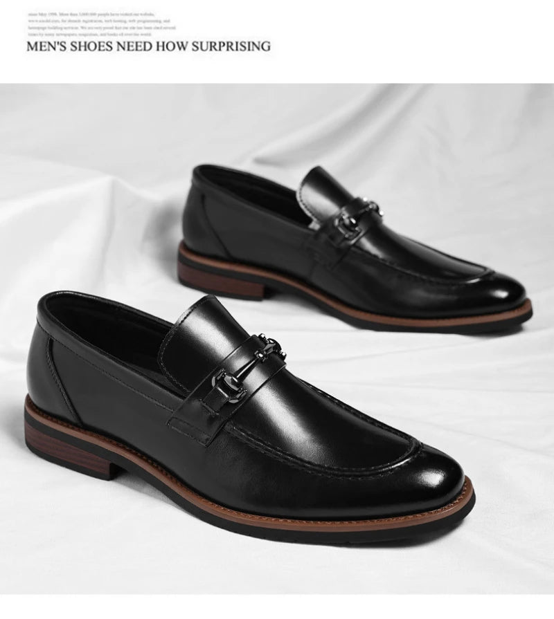 Mens Brown Burnished Genuine Leather Horsebit Loafers Slip On Formal Business Office Wedding Groom Daily Wear Shoes Simple New