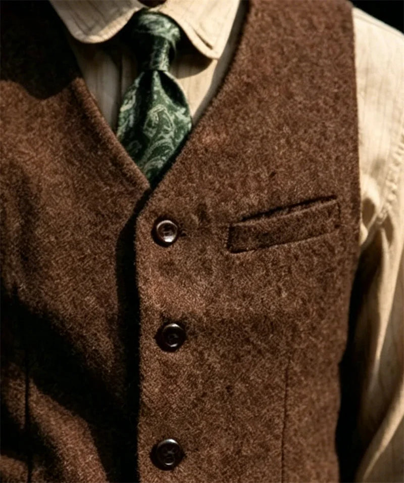 Vintage Men's Suit Vest V Neck Wool Herringbone Tweed Casual Classic Slim Fit Waistcoat Formal Business Wedding Groomsmen