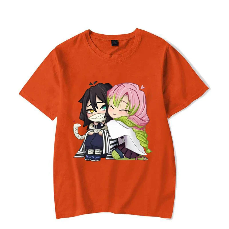 Funny Kanroji Mitsuri Iguro Obanai Cartoon Print T-Shirt Couple Casual Loose Short Sleeve Round Neck Harajuku Tops Clothing