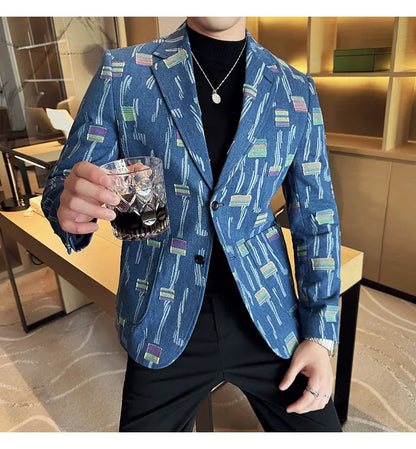 2025 New Luxury Denim Jacquard Suit Coats Men Fashion Slim Fit Suit Casual Business Party Coat Uniform Wedding Social Tailcoat
