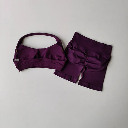Sexy Halter Neck Beautiful Back High Waist Peach Sports Bras Shorts Suit Pilates Gathering Yoga Vest Training Fitness Bra Sets