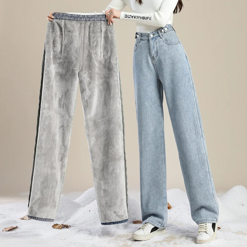 Winter Thick Warm Womens High Waist Jeans Fleece Lined Loose Fit Wide Leg Trousers Korean Style Stretchy Adjustable Waist  Jeans