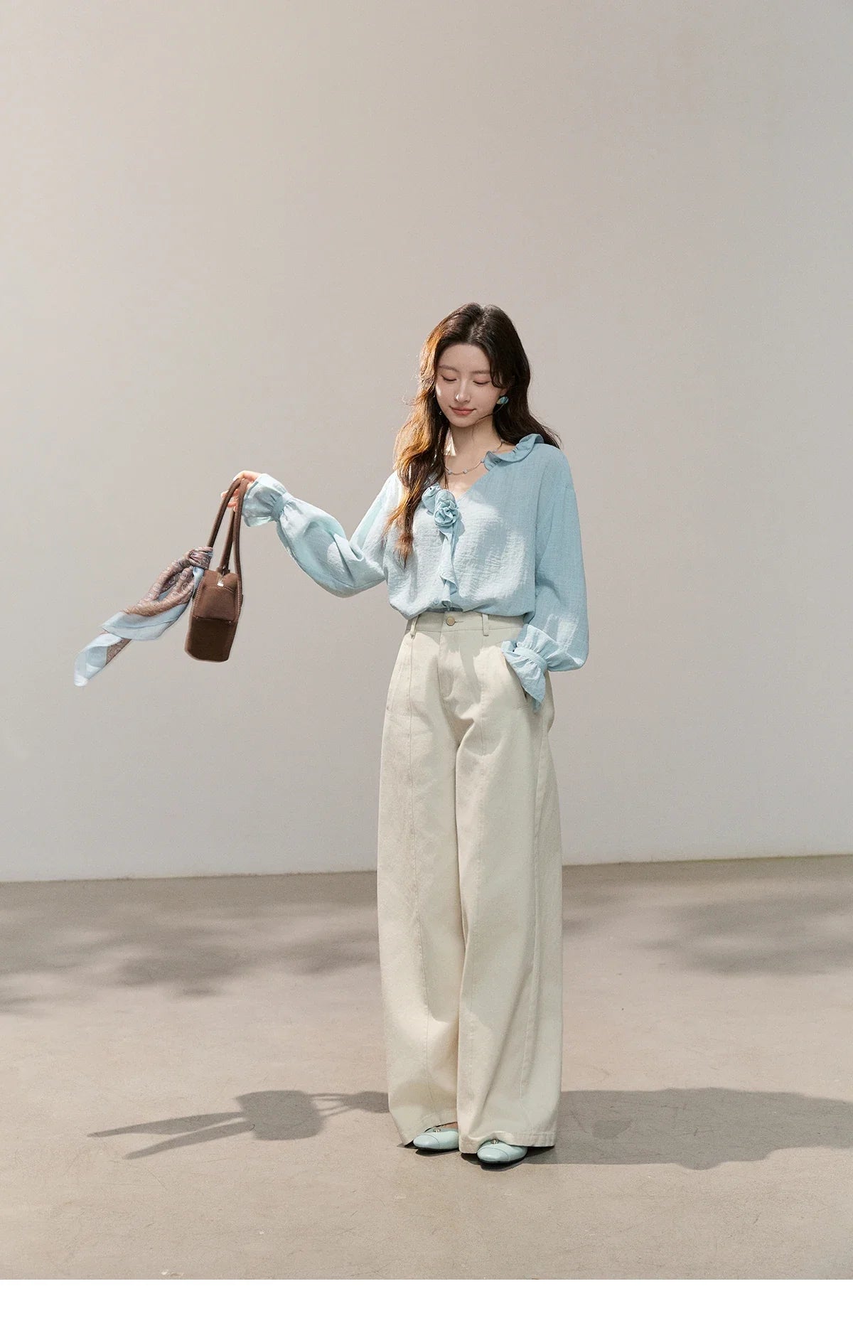 Women's Asymmetric Ruffled V-neck Shirt Spring Light Blue Floral Applique Ruffle Cuffs Top Elegant Loose Shirt MXF14C2448