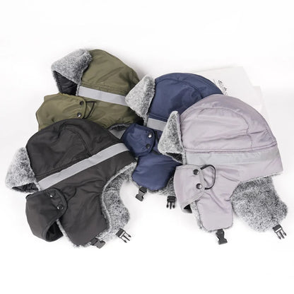 Men's Outdoor Fleece-Lined Thick Warm Reflective Strip Lei Feng Hat with Removable Mask Ear Flap Bomber Hat Winter Pilot Cap