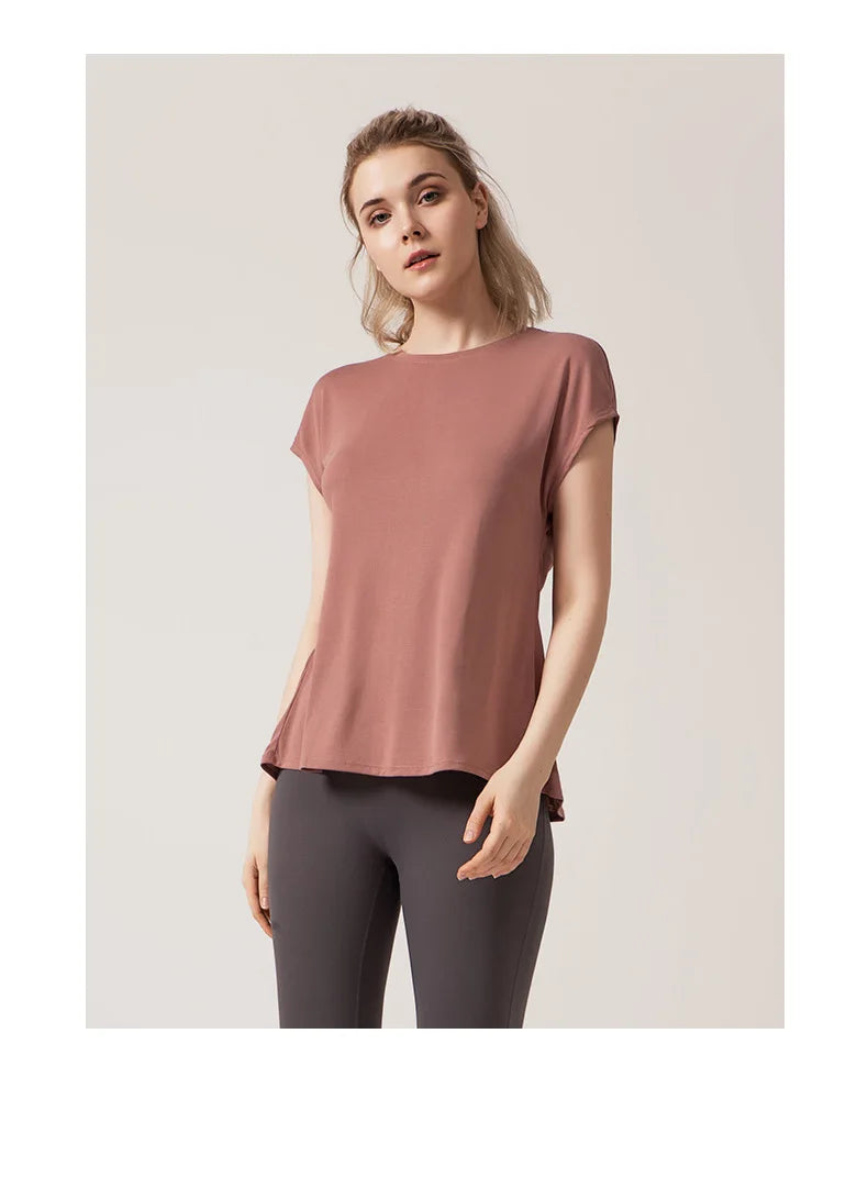 Women's Split Side Yoga Top Sexy Open Back Fitness T-shirt Loose Fit Workout Tee Running Sports Cover Gym Wear Woman Clothing