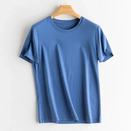 6% Real Silk Cotton Modal Women's T-shirt 2026 Summer Tees Short Sleeve Solid Tee Shirts V-neck Casual Woman Basic T shirt Tops