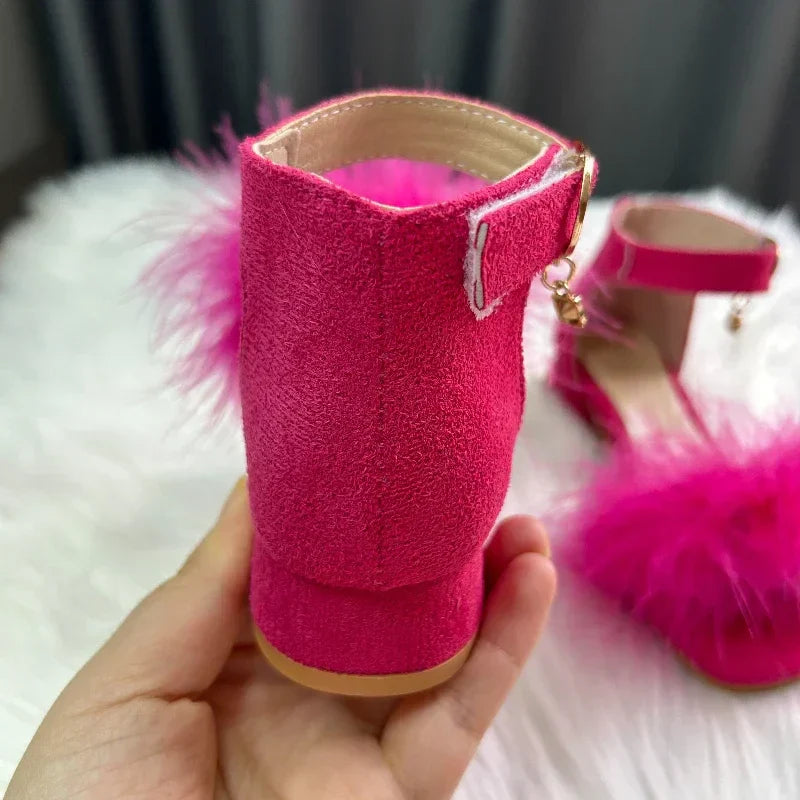 Toddler Girls Sandals Summer Low-heels Children's Sandals Open-toe Princess Fluffy New Versatile Kids Fashion Ankle-strap Shoes
