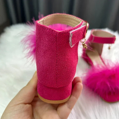 Toddler Girls Sandals Summer Low-heels Children's Sandals Open-toe Princess Fluffy New Versatile Kids Fashion Ankle-strap Shoes
