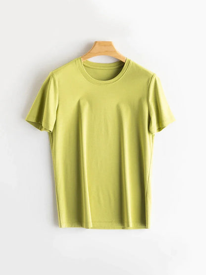 Women Solid T shirts, Silk Cotton Blend, O Neck, Short Sleeved Solid Tee,2025 Summer Candy Colors Basic Cozy Top Green