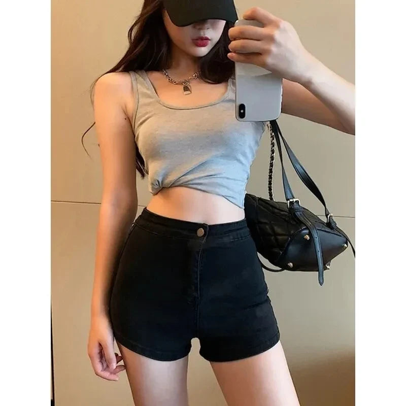 Y2K Korean Style Women's Black High Waisted Denim Shorts New A-Line Wide Leg Slim Fit Casual Summer Streetwear Trendy Hot Pants