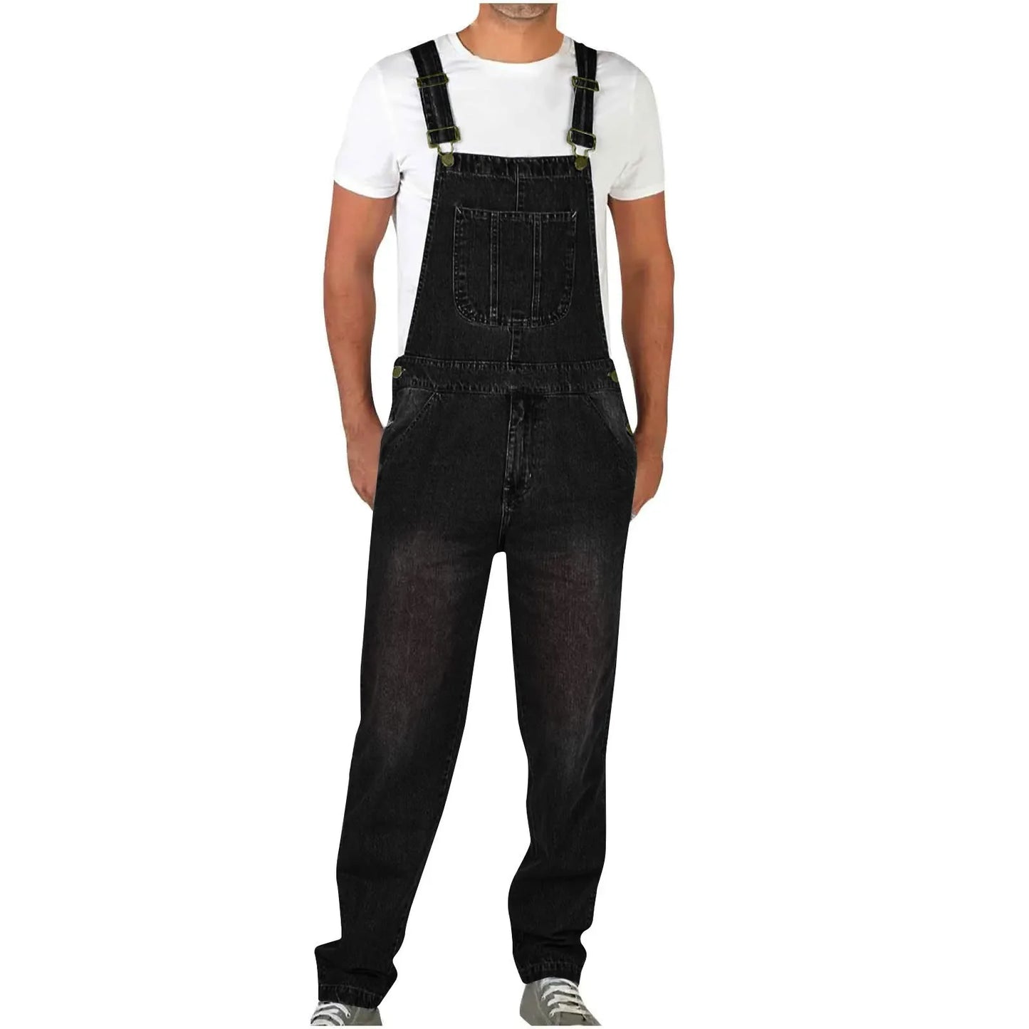 Overalls Jeans Men Ankle Length Jumpsuits Straight Pants Spliced One Piece Pockets Loose Vintage Wash Denim Casual Solid