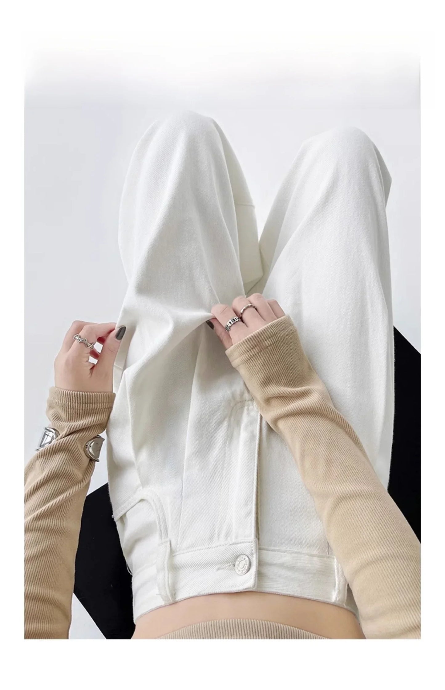 White Thin Pleated High Waist Non-Light Wide Leg Jeans Women's American High-End Loose Straight Lazy Floor-Length Pants