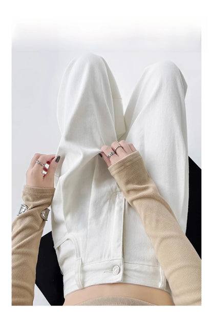 White Thin Pleated High Waist Non-Light Wide Leg Jeans Women's American High-End Loose Straight Lazy Floor-Length Pants