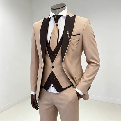 Men's Solid Slim Fit 3-Piece Business Suit Set with Blazer Vest And Pants for Wedding Party Luxury Fashion Tuxedo