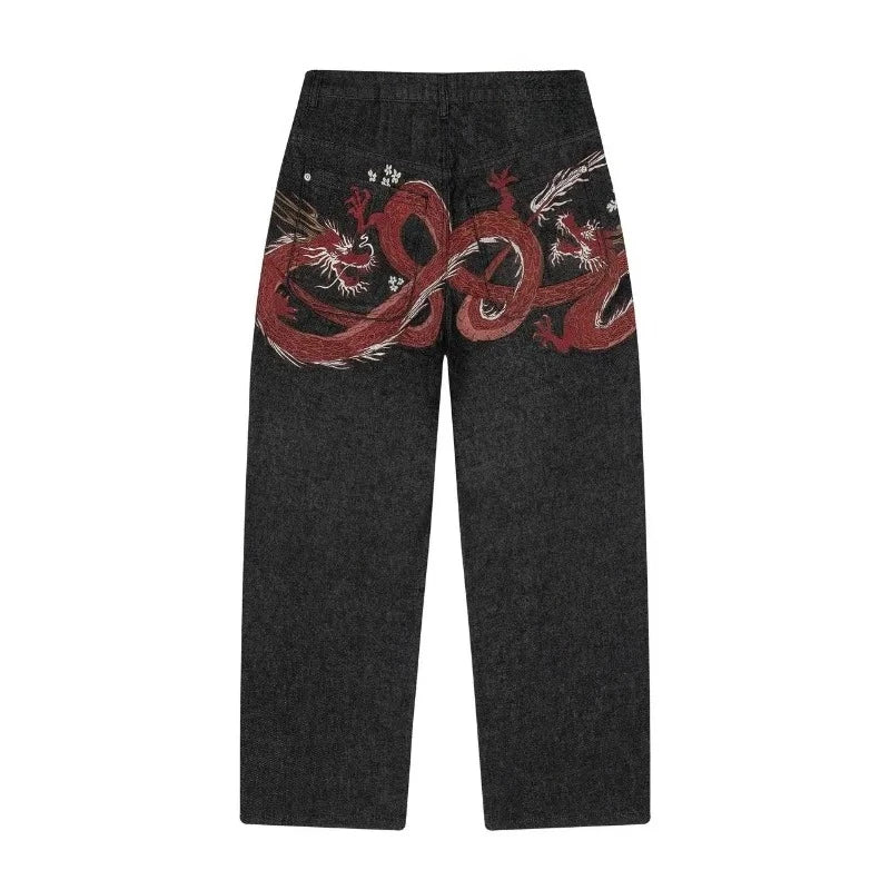 Y2K Harajuku Jeans Vintage Cherry Blossom Selvedge Denim Pants Hip Hop Gothic men women denim fabric wide leg pants streetwear