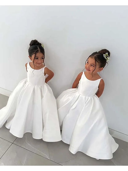 Simple Satin First Communion Dress With Bow Spaghetti Strap Backless Flower Girl Dress for Wedding 2-14 Kids Birthday Party Gown