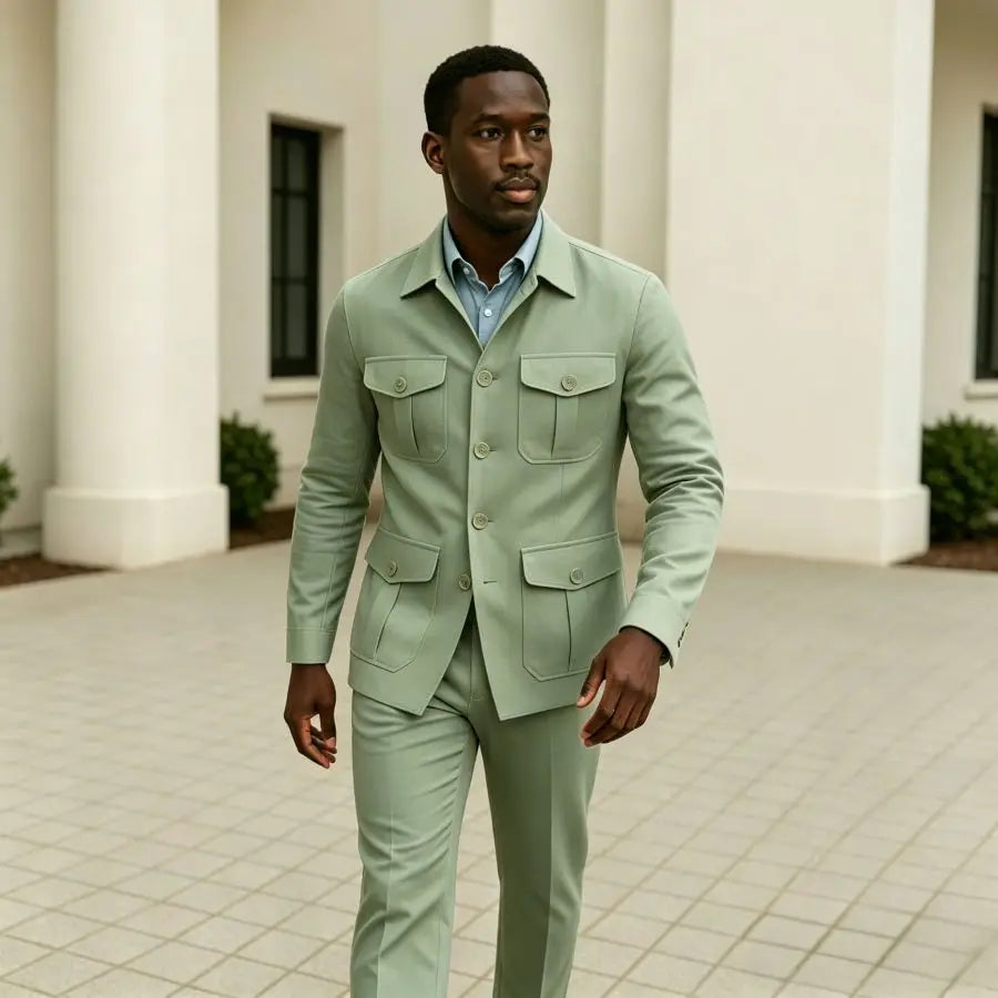 Sage Green Linen Safari Suit Men Summer Lightweight Two Piece Set Casual Wedding Groom Wear Beach Party Mens Fashion XS-3XL