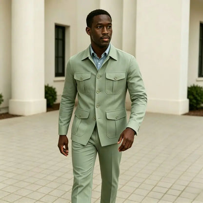 Sage Green Linen Safari Suit Men Summer Lightweight Two Piece Set Casual Wedding Groom Wear Beach Party Mens Fashion XS-3XL