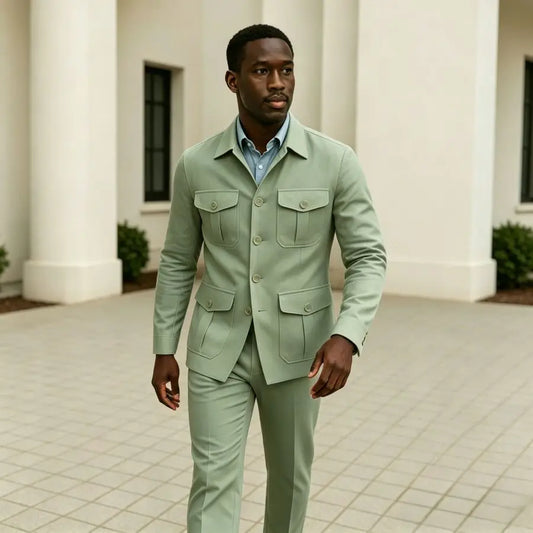 Sage Green Linen Safari Suit Men Summer Lightweight Two Piece Set Casual Wedding Groom Wear Beach Party Mens Fashion XS-3XL