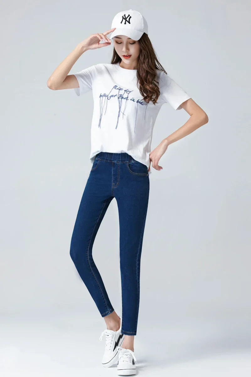 Stylish Women's Pocket Skinny Stretch Jeans 5XL 6XL Stretch High Waist Tight Fashion Denim Trousers for Women Blue Black