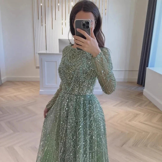 Customized Beads Luxurious Women's Evening Dresses for Formal Occasions Sequins. Long Sleeves Round Neck Luxury Party Dress