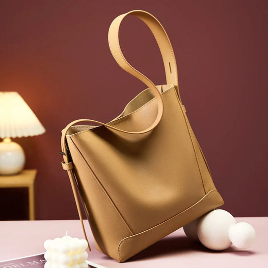 Ladies' Split Leather Bucket Shoulder Bags Female Commute Shopping Messenger Bags Adjustable Shoulder Strap Women Casual Handbag