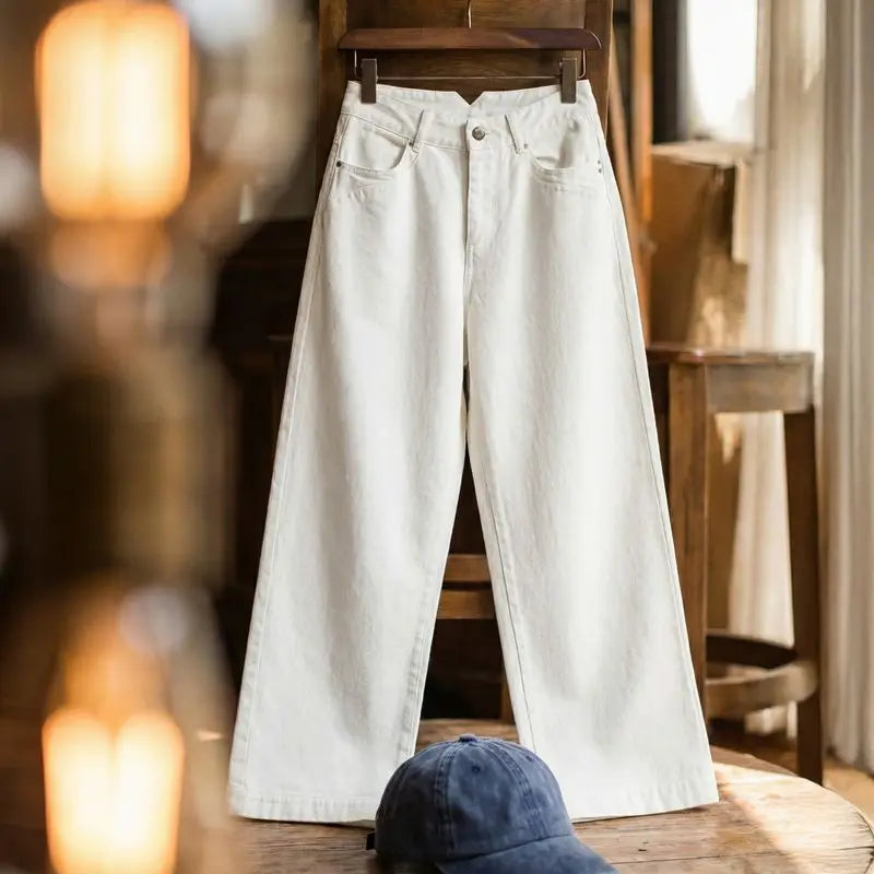 Women's Vintage High Waist Straight Leg Wide Leg Cotton Denim Jeans White Heavyweight Casual Pants For Spring Fall
