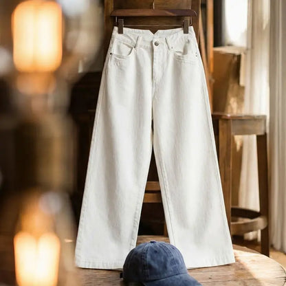 Women's Vintage High Waist Straight Leg Wide Leg Cotton Denim Jeans White Heavyweight Casual Pants For Spring Fall