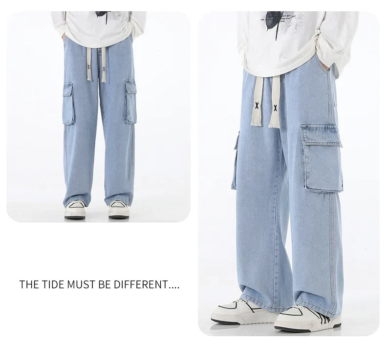 2024 New Men Baggy Cargo Jeans Fashion Streetwear Vintage Wide Leg Pants American Streetwear Y2K Big Pocket Youth Overalls