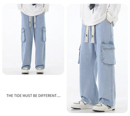 2024 New Men Baggy Cargo Jeans Fashion Streetwear Vintage Wide Leg Pants American Streetwear Y2K Big Pocket Youth Overalls