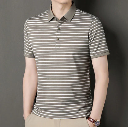 2024 Men's New Striped Cotton Business Casual Short Sleeved POLO Shirt Fashion Short Sleeved Comfortable and Breathable Top