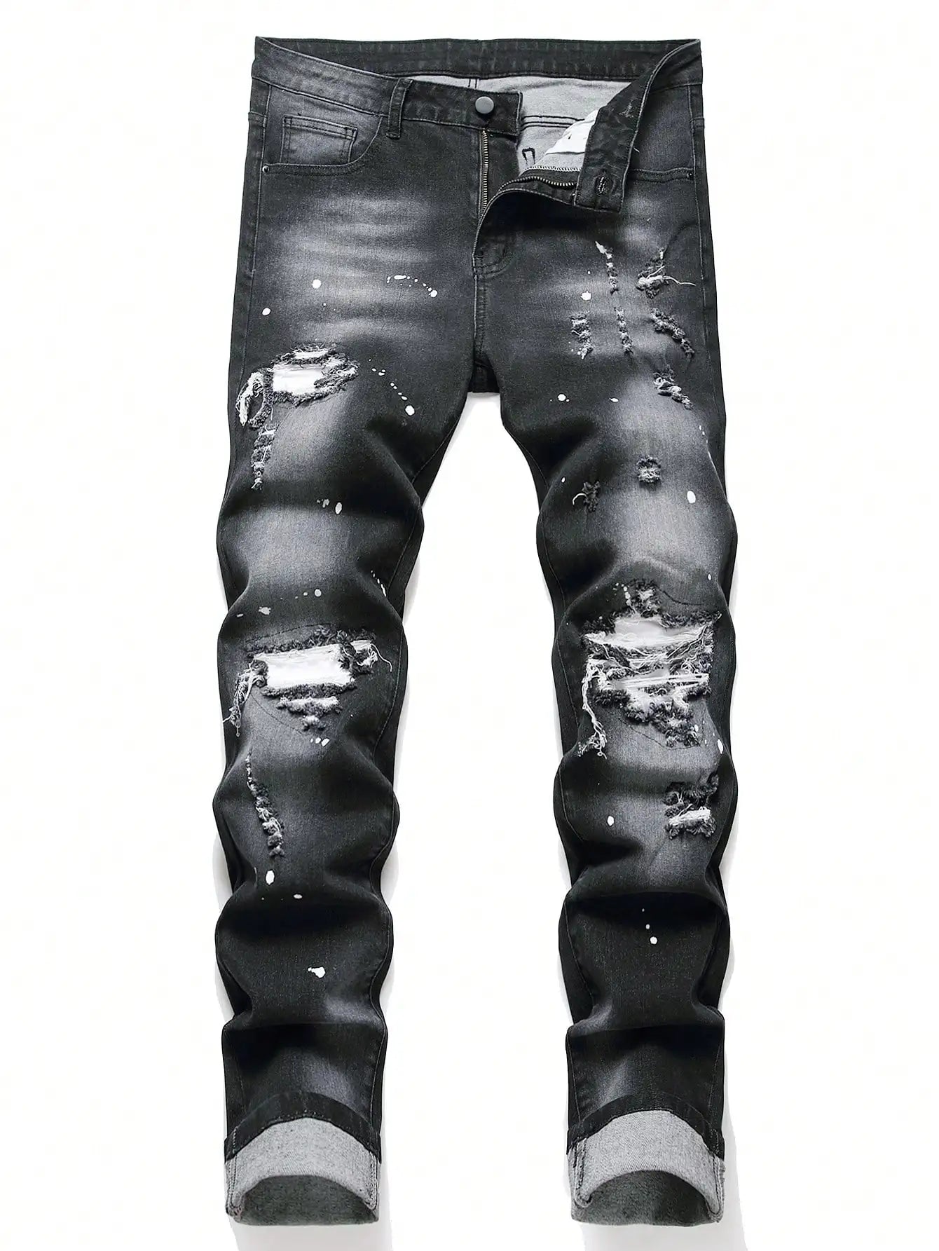 Men Cracked Blue Pleated Patch Biker Jeans Streetwear Holes Ripped Distressed Patchwork Stretch Denim Pants Slim Skinny Trousers