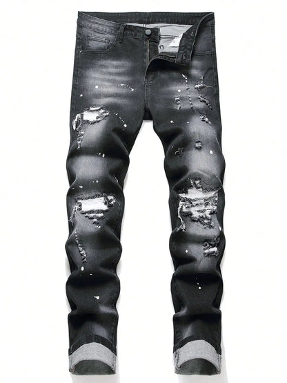 Men Cracked Blue Pleated Patch Biker Jeans Streetwear Holes Ripped Distressed Patchwork Stretch Denim Pants Slim Skinny Trousers