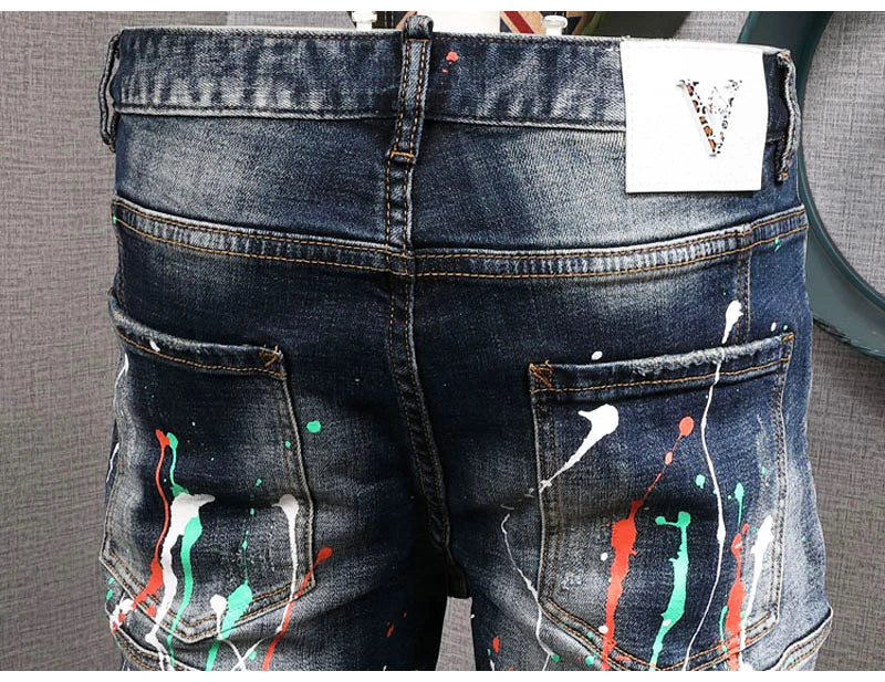 Fashion Streetwear Men Jeans Retro Black Blue Elastic Slim Fit Ripped Jeans Men Spliced Designer Embroidery Hip Hop Denim Pants