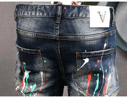 Fashion Streetwear Men Jeans Retro Black Blue Elastic Slim Fit Ripped Jeans Men Spliced Designer Embroidery Hip Hop Denim Pants