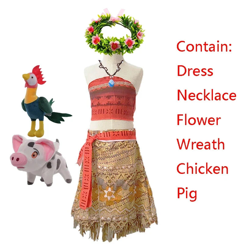 Disney Ocean Adventure Adult Kids Role Playing Vaiana Moana Princess Costume Dress Moana Necklace Pig Girls Mom Party Halloween
