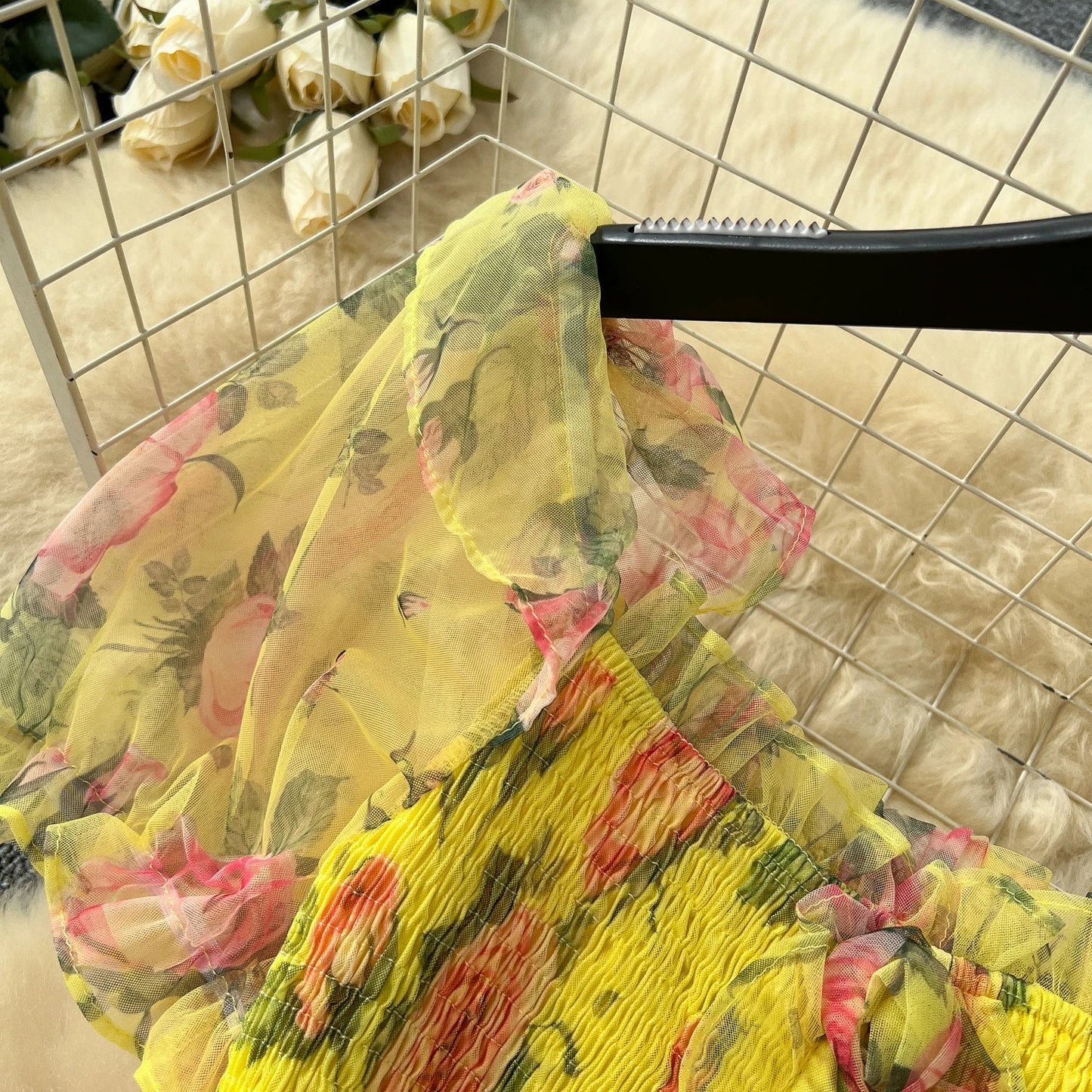 Retro Floral Chiffon Dr Women's Waist Cinched Bubble Sve Me Skirt Tea Break Gentle Soft Sle Korean High Waist A-Lin...