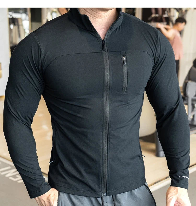 Quick Drying Clothes Men Autumn Sports T-shirt Stand Neck Loose Long Sleeved Outdoor Running Tracksuit Breathable Half Zip Top